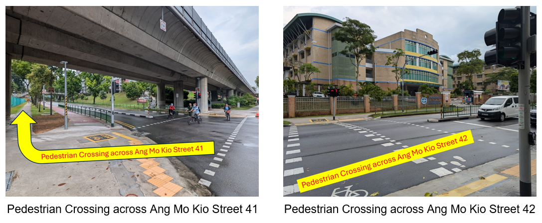 All students must use the pedestrian overhead bridge or the pedestrian crossing when crossing Street 41 or Street 42